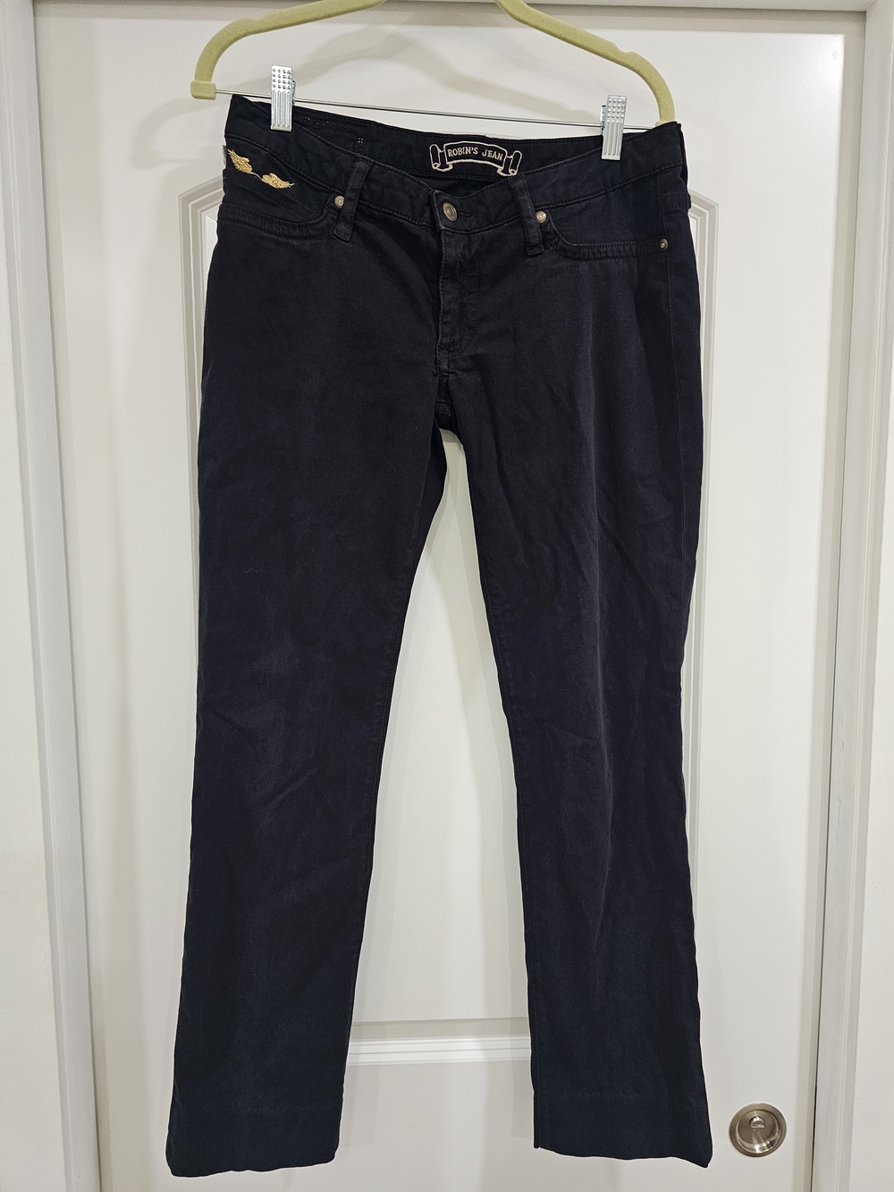 Robin's Jean Women's Slim Straight Black Dark Wash Studded Logo Jeans Stretch